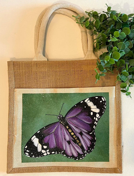 Purple Destiny Butterfly Print - Burlap Tote Bags - Whitney Hayden