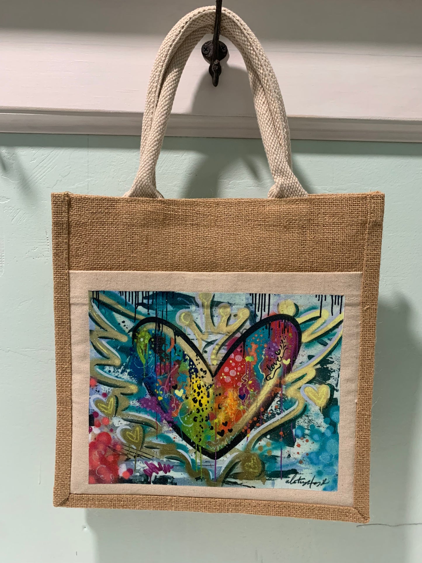 Graffiti Heart Print - Glitter Burlap Tote Bags - Whitney Hayden