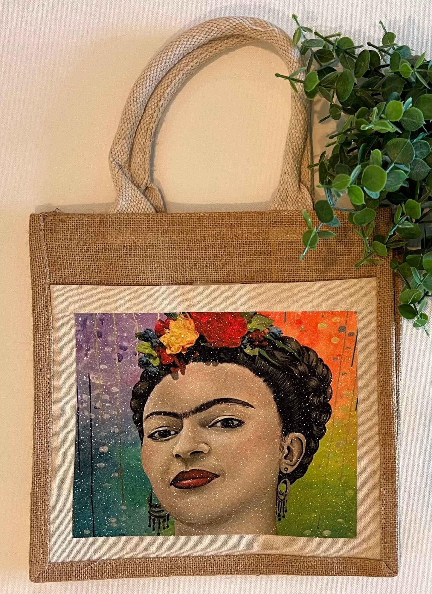 Frida Print - Glitter Burlap Tote Bags - Whitney Hayden