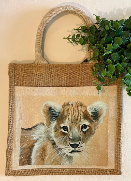 Lion Cub Print - Glitter Burlap Tote Bags - Whitney Hayden