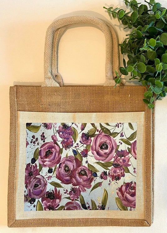 Purple Blooms Print - Glitter Burlap Tote Bags - Whitney Hayden